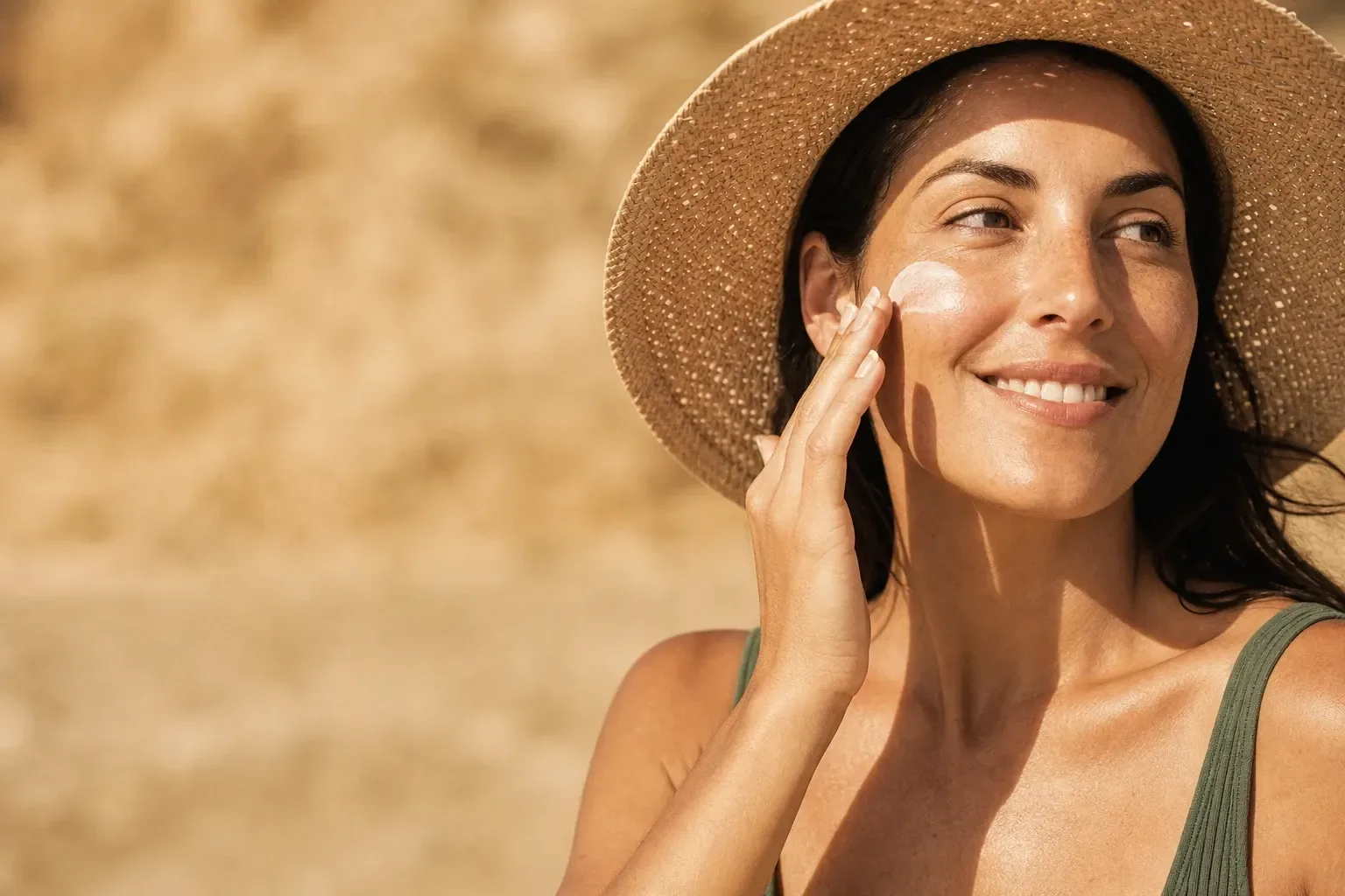 Woman applying broad spectrum mineral sunscreen to her face outdoors under bright Lake Havasu summer sun