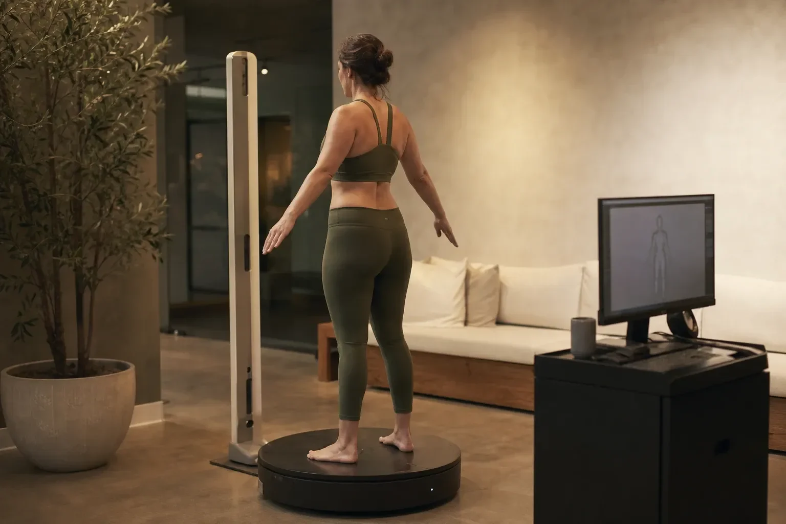 Patient standing on the Styku 3D body scan turntable at Desert Oasis Wellness and Med Spa in Lake Havasu City, AZ