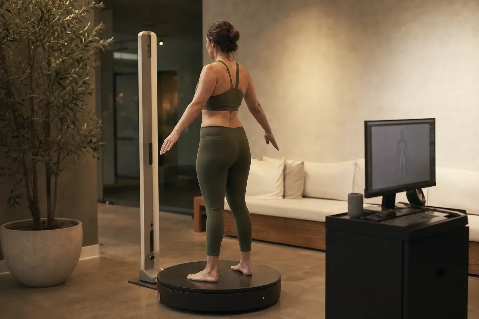 Patient standing on the Styku 3D body scan turntable at Desert Oasis Wellness and Med Spa in Lake Havasu City, AZ